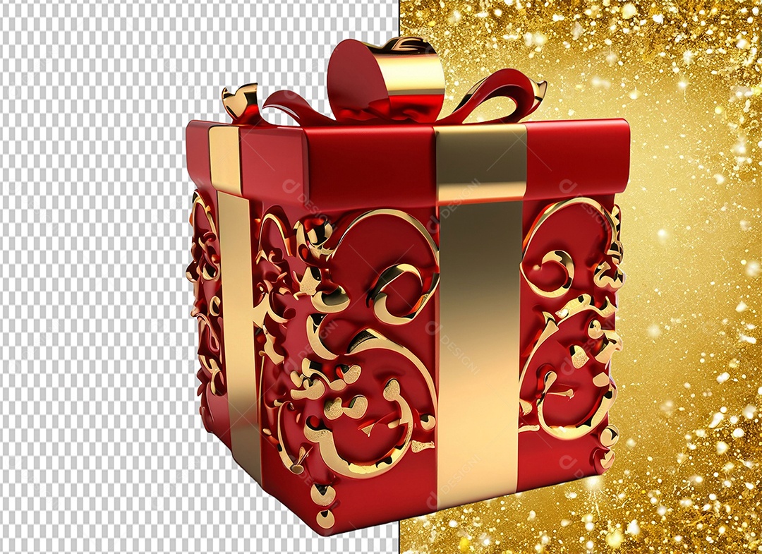 Elemento 3D Caixa de Presente de Natal Vermelho e Dourado para Composição PSD