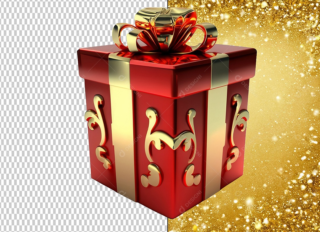 Elemento 3D Caixa de Presente de Natal Vermelho e Dourado para Composição PSD