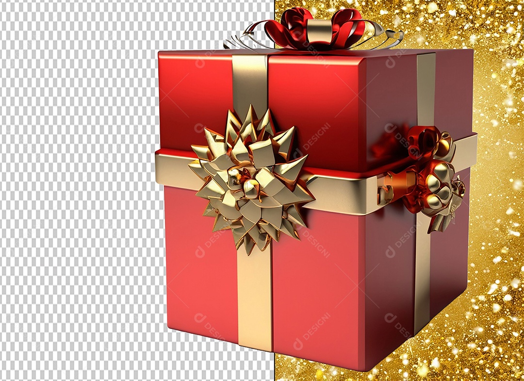 Caixa de Presente de Natal Vermelho e Dourado Elemento 3D para Composição PSD