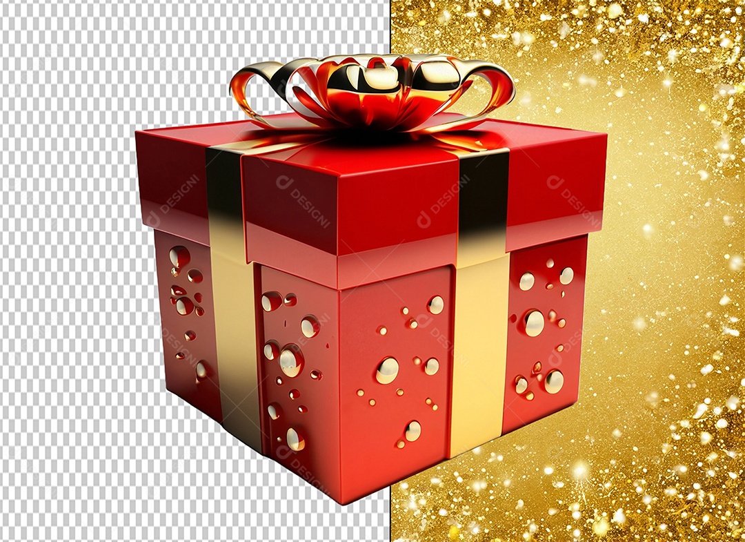 Caixa de Presente de Natal Vermelho e Dourado Elemento 3D para Composição PSD
