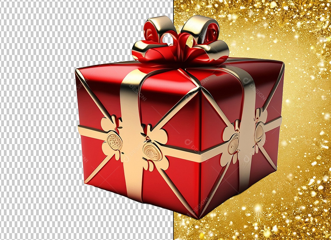 Caixa de Presente de Natal Vermelho e Dourado Elemento 3D para Composição PSD