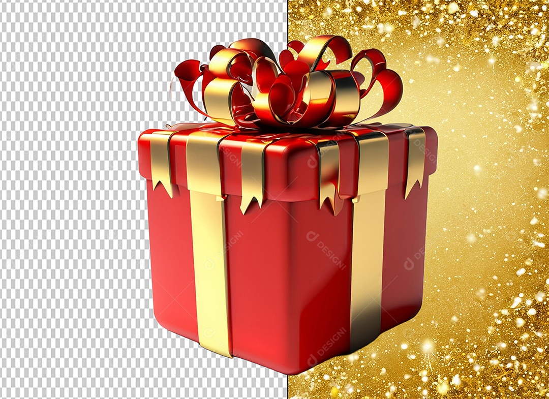 Caixa de Presente de Natal Vermelho e Dourado Elemento 3D para Composição PSD