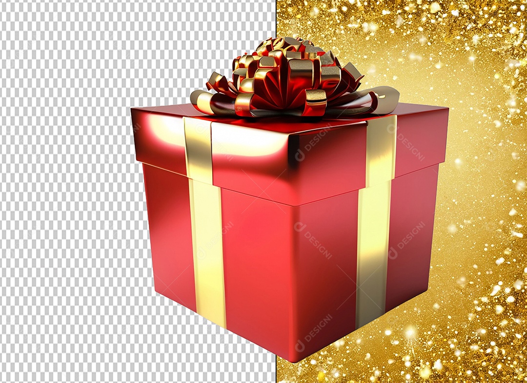 Caixa de Presente de Natal Vermelho e Dourado Elemento 3D para Composição PSD