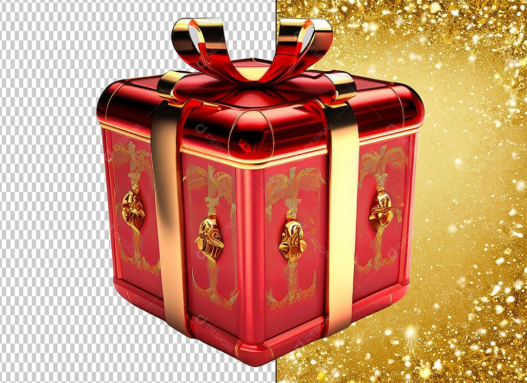 Caixa de Presente de Natal Vermelho e Dourado Elemento 3D para Composição PSD
