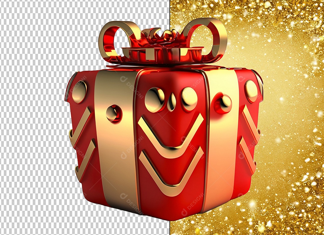 3D Red and Gold Christmas Gift Box Element for PSD Composition