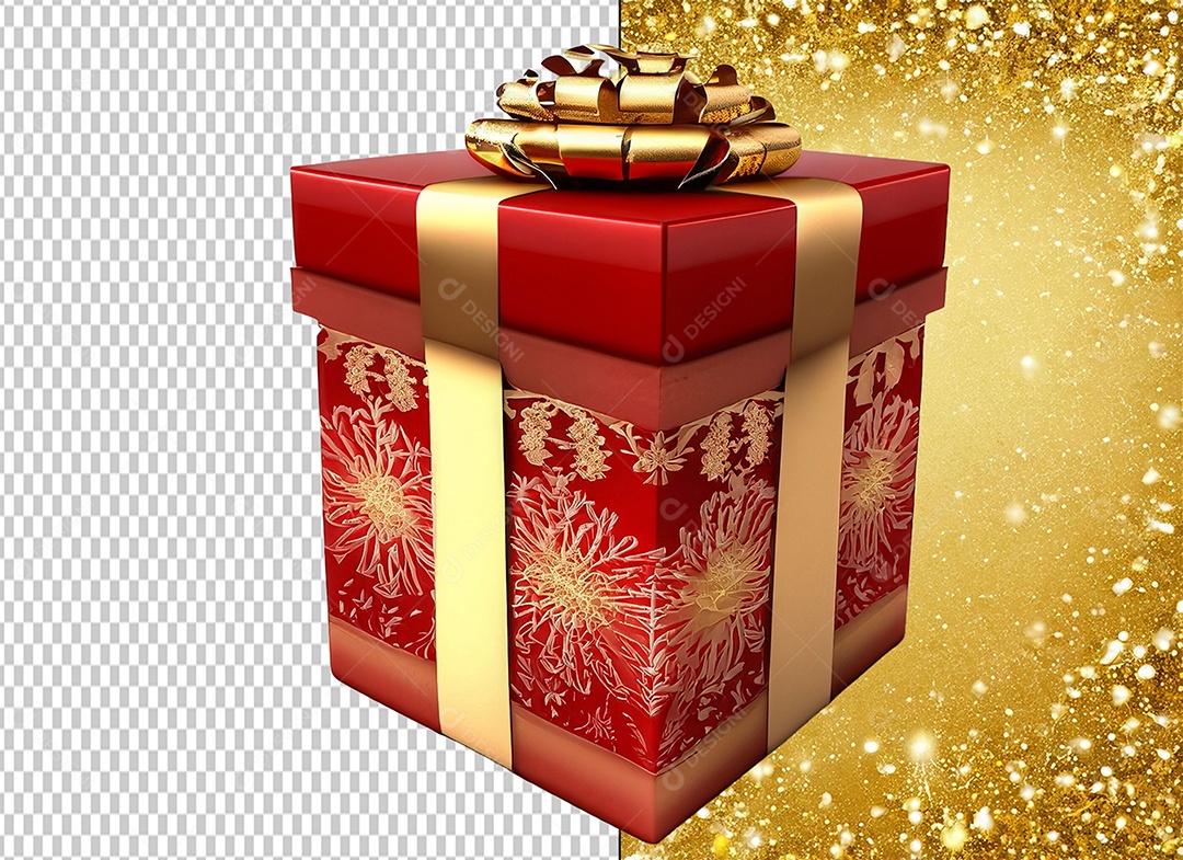 Elemento 3D Caixa de Presente de Natal Vermelho com Laço Dourado para Composição PSD