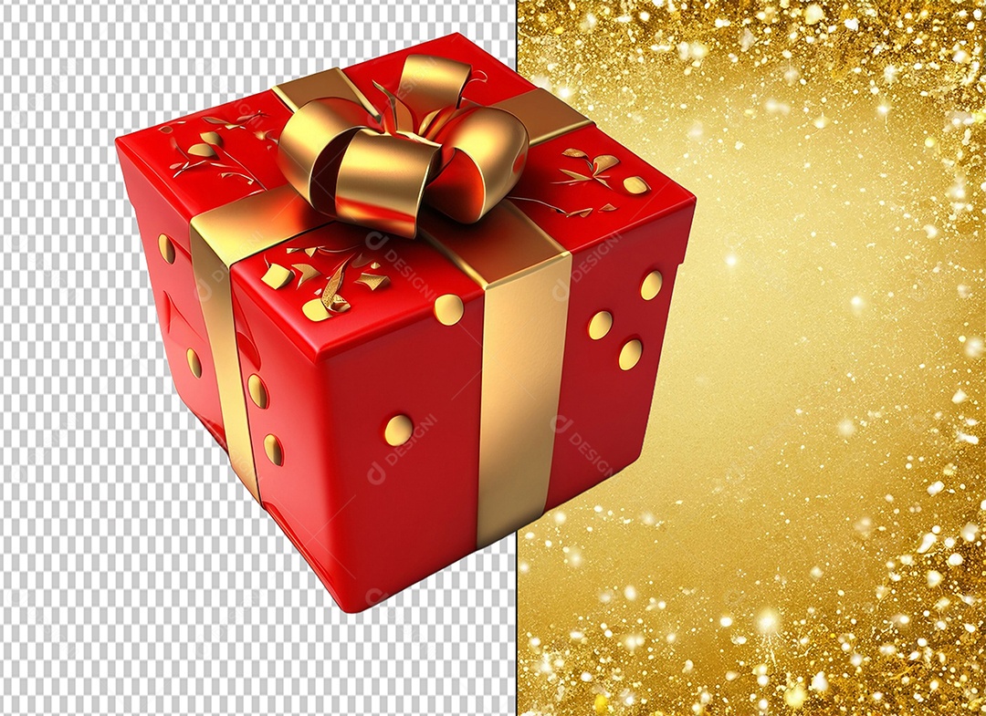 Elemento 3D Caixa de Presente de Natal Vermelho com Laço Dourado para Composição PSD