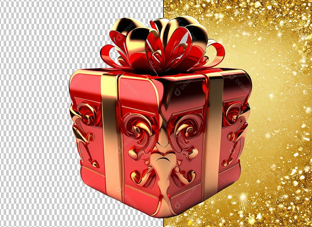 Elemento 3D Caixa de Presente de Natal Vermelho com Laço Dourado para Composição PSD
