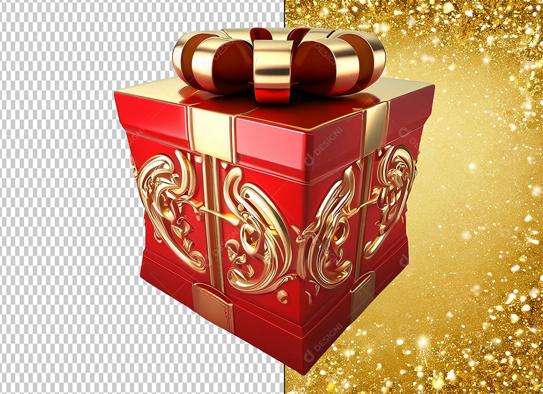 Elemento 3D Caixa de Presente de Natal Vermelho com Laço Dourado para Composição PSD