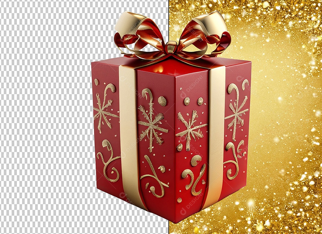 Caixa de Presente de Natal Vermelho com Laço Dourado Elemento 3D para Composição PSD