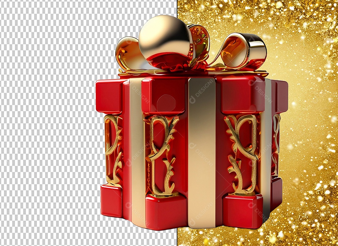 Elemento 3D Caixa de Presente de Natal Vermelho com Laço Dourado para Composição PSD
