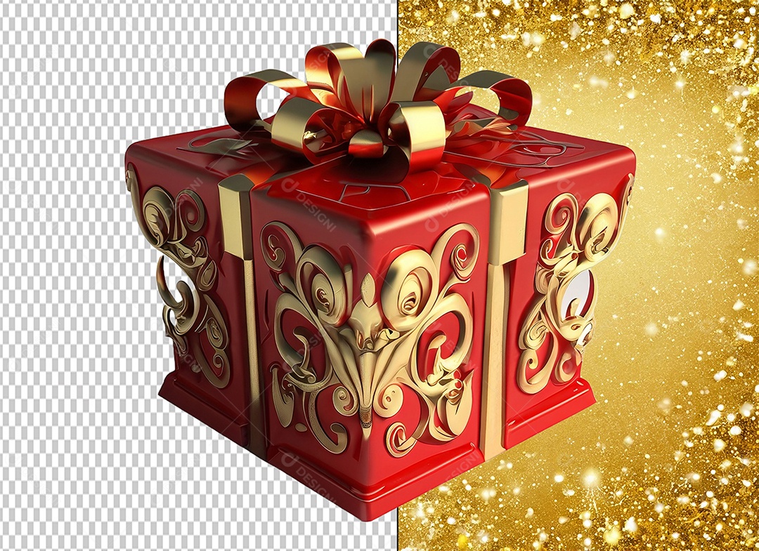 Caixa de Presente de Natal Vermelho com Laço Dourado Elemento 3D para Composição PSD