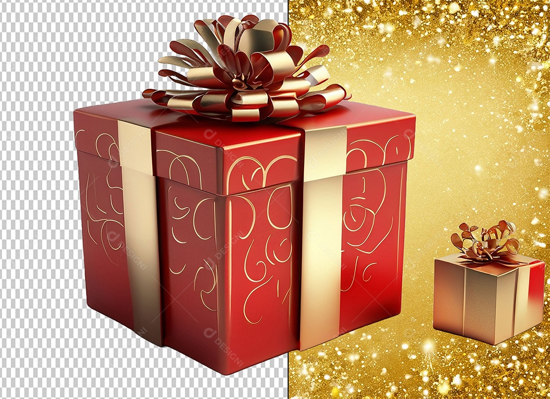Elemento 3D Caixa de Presente de Natal Vermelho com Laço Dourado para Composição PSD