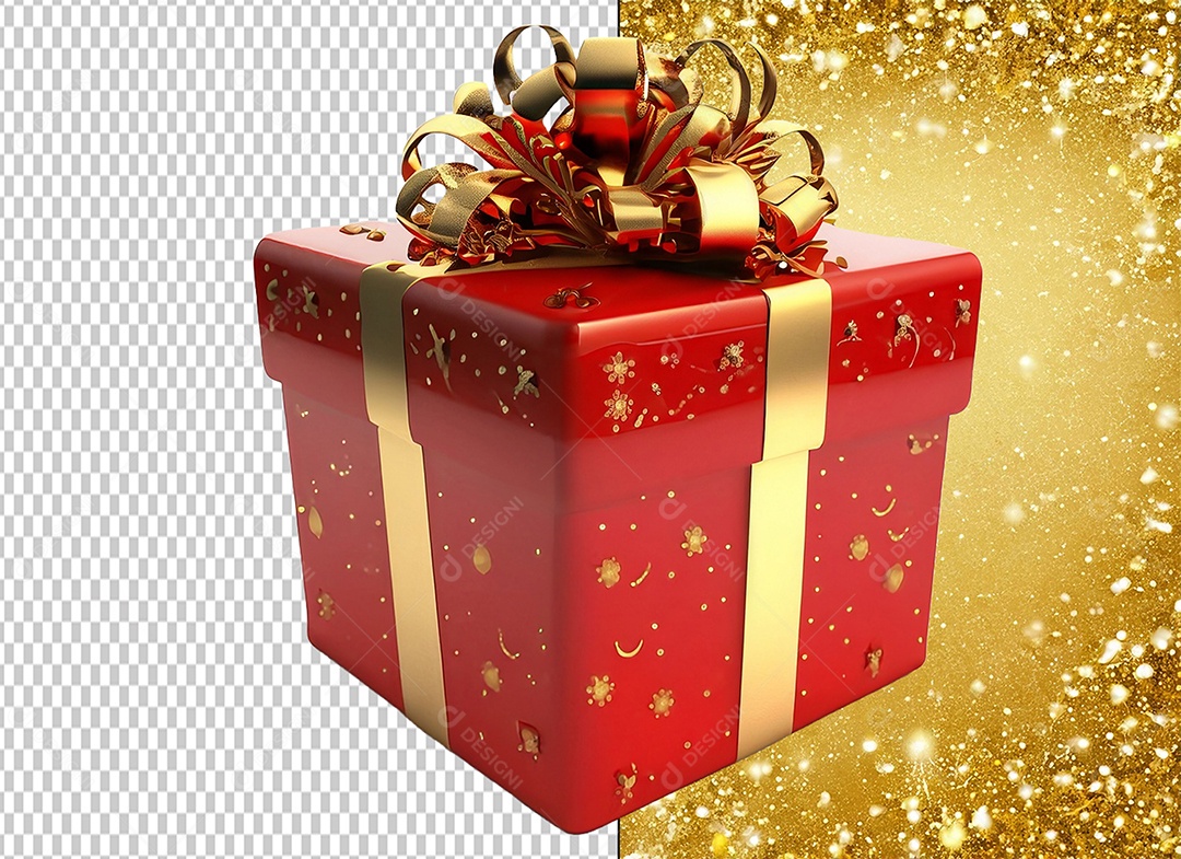 Elemento 3D Caixa de Presente de Natal Vermelho com Laço Dourado para Composição PSD