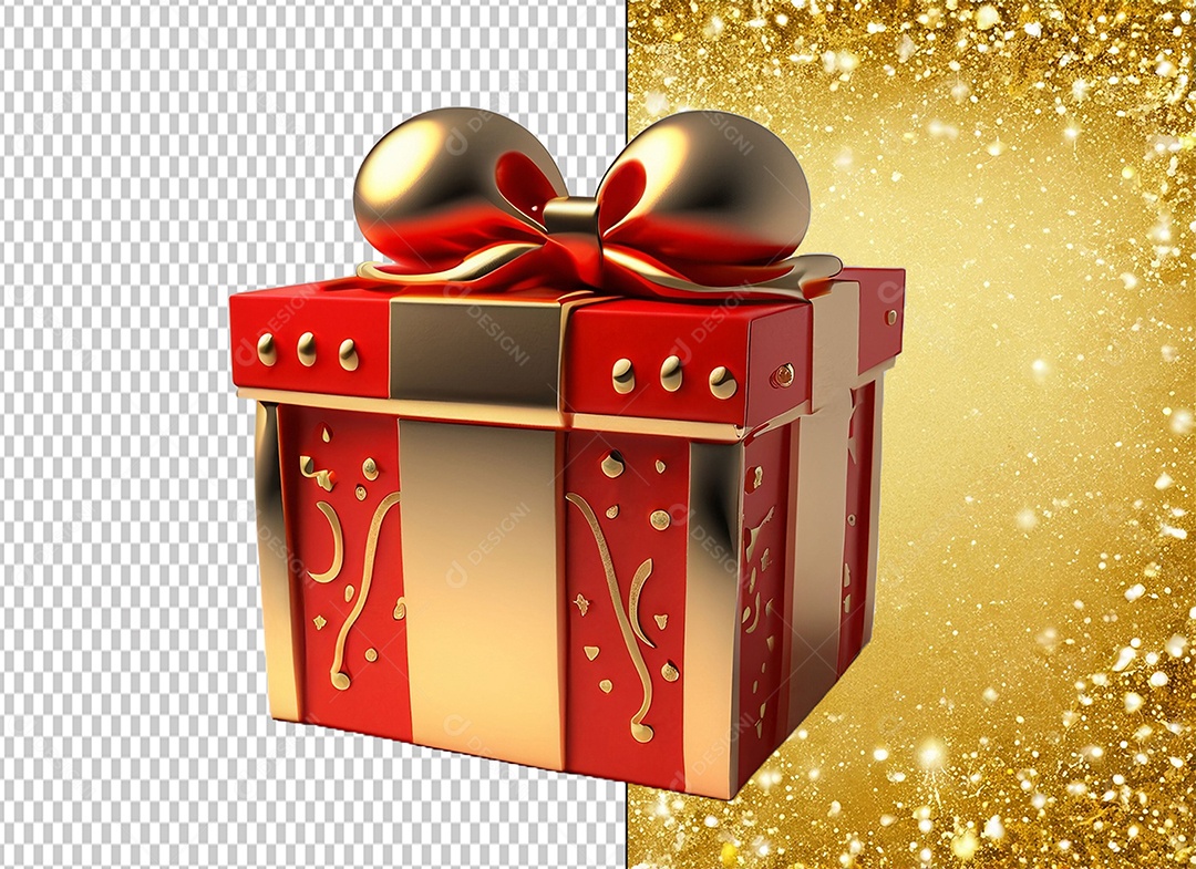 Caixa de Presente de Natal Vermelho com Laço Dourado Elemento 3D para Composição PSD