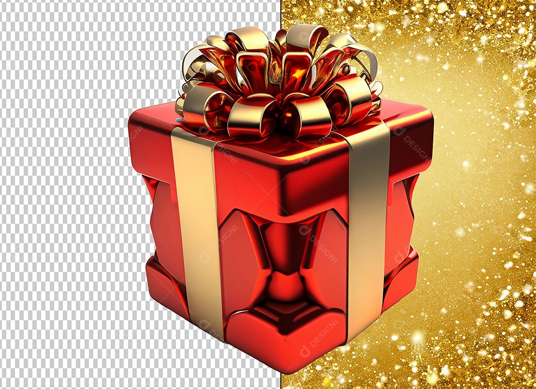 Caixa de Presente de Natal Vermelho com Laço Dourado Elemento 3D para Composição PSD