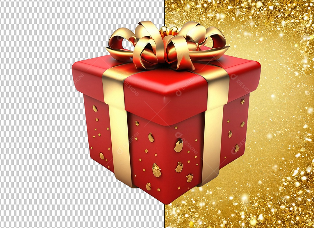 Elemento 3D Caixa de Presente de Natal Vermelho com Laço Dourado para Composição PSD