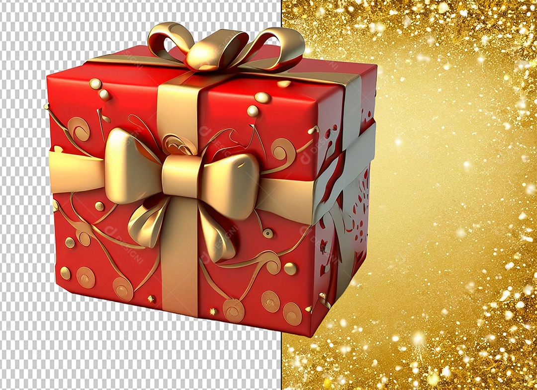 Elemento 3D Caixa de Presente de Natal Vermelho com Laço Dourado para Composição PSD