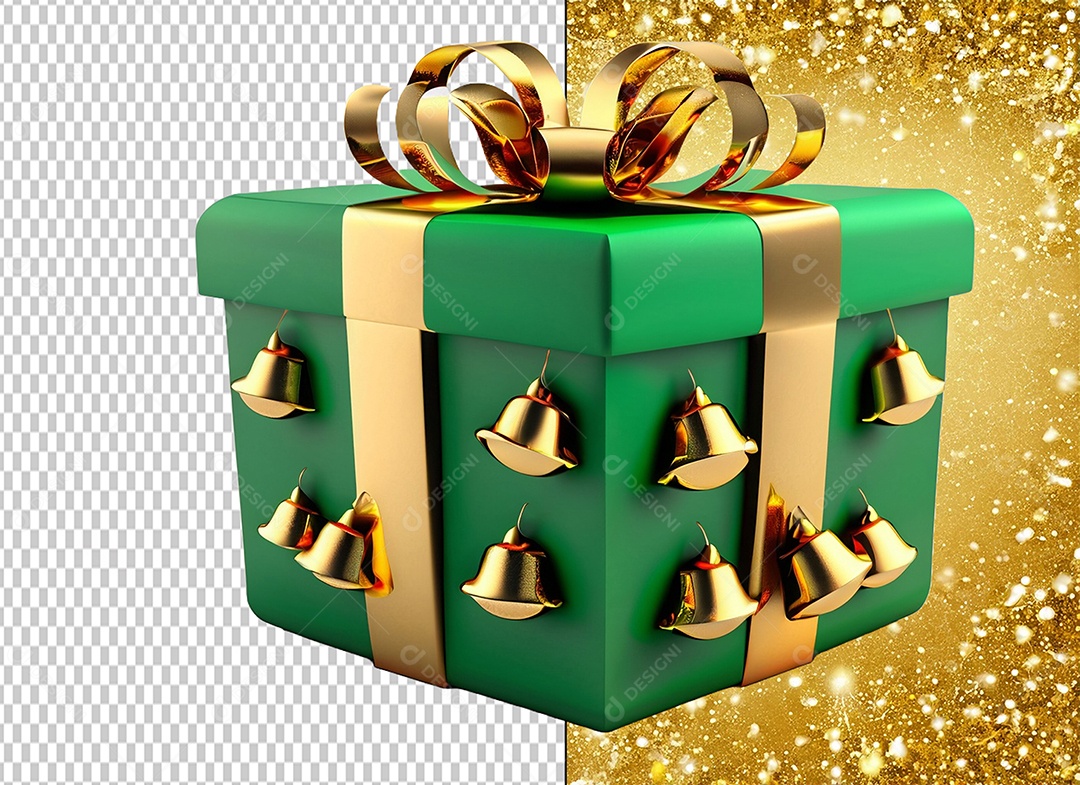 Caixa de Presente de Natal Verde com Laço Dourado e Sinos Elemento 3D para Composição PSD