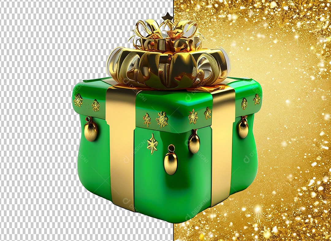 Caixa de Presente de Natal Verde com Laço Dourado Elemento 3D para Composição PSD