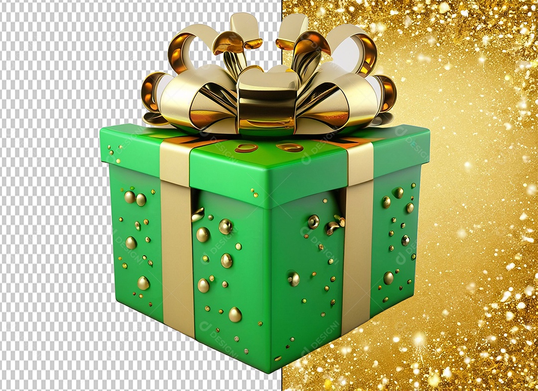 Elemento 3D Caixa de Presente de Natal Verde com Laço Dourado para Composição PSD