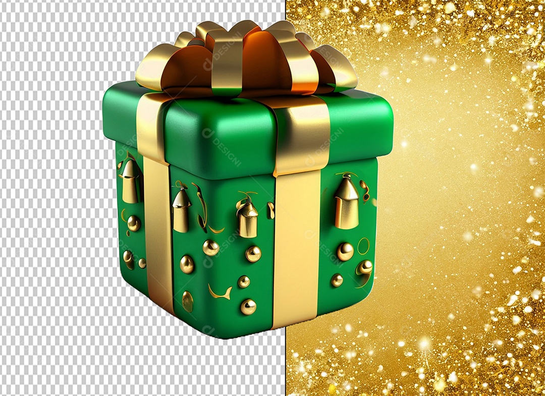 Elemento 3D Caixa de Presente de Natal Verde com Laço Dourado para Composição PSD