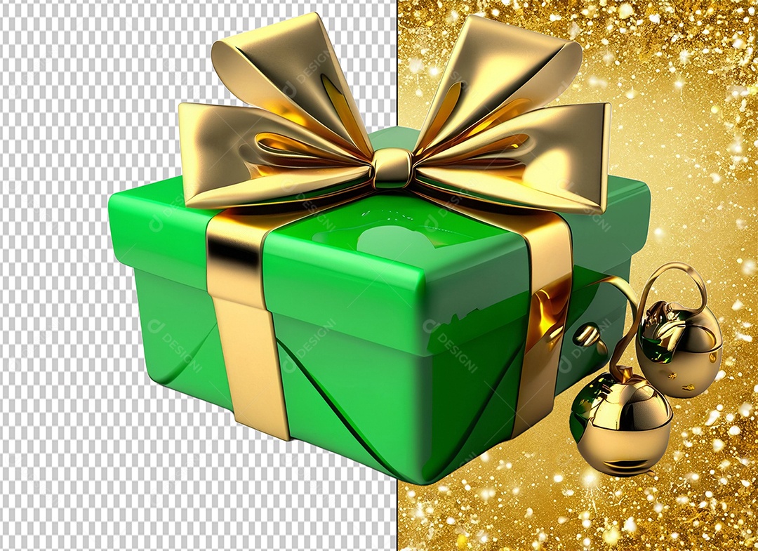 Elemento 3D Caixa de Presente de Natal Verde com Laço Dourado para Composição PSD