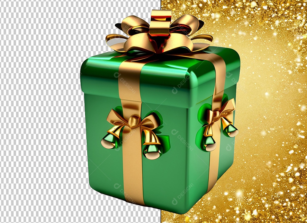 Caixa de Presente de Natal Verde com Laço Dourado Elemento 3D para Composição PSD