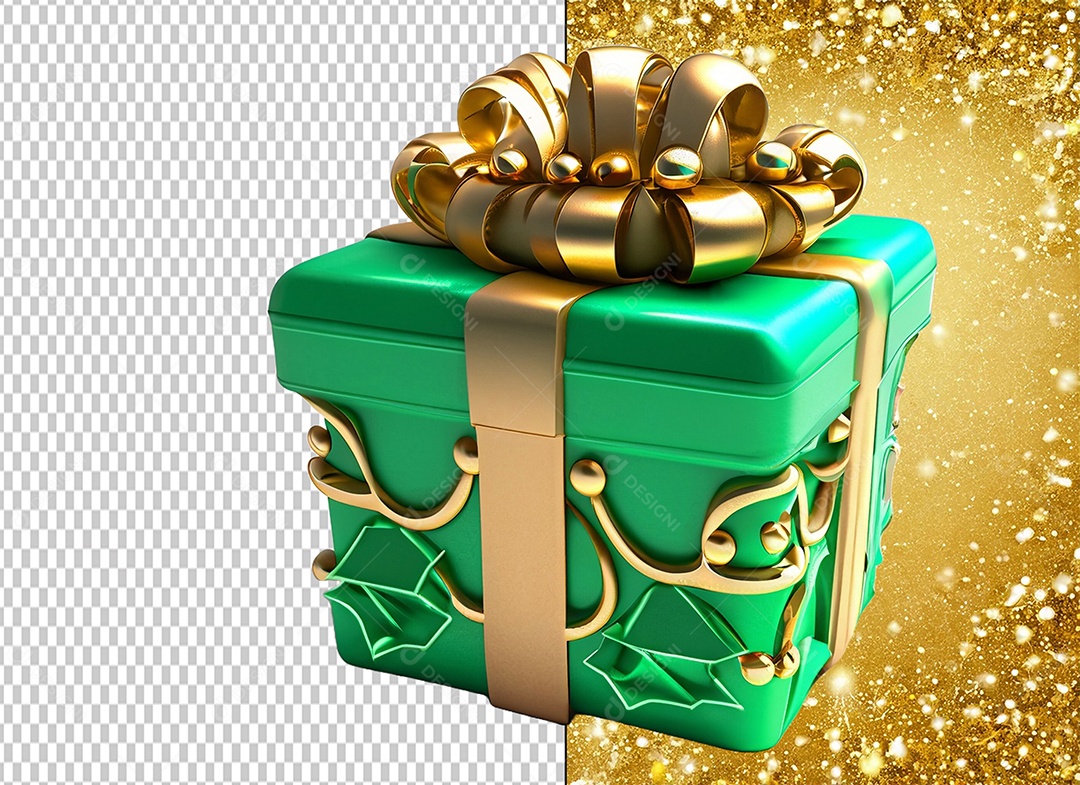 Caixa de Presente de Natal Verde com Laço Dourado Elemento 3D para Composição PSD