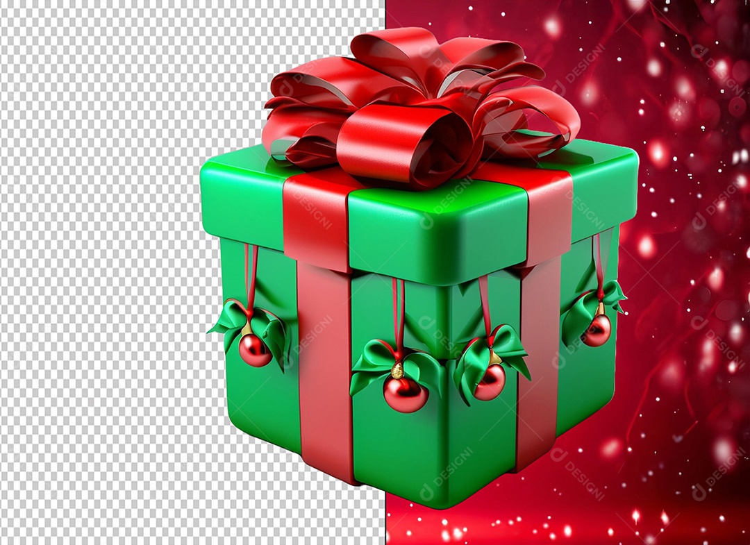 Caixa de Presente de Natal Verde com Laço Vermelho Elemento 3D para Composição PSD