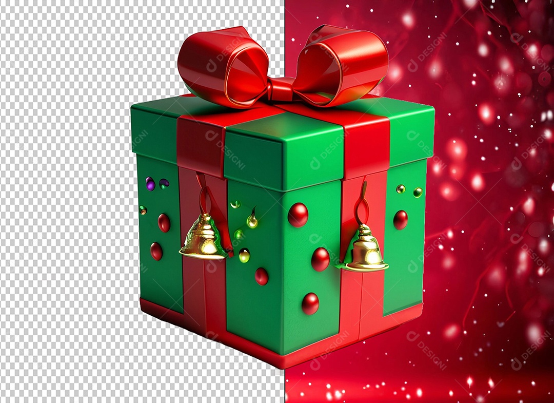 Caixa de Presente de Natal Verde com Laço Vermelho Elemento 3D para Composição PSD