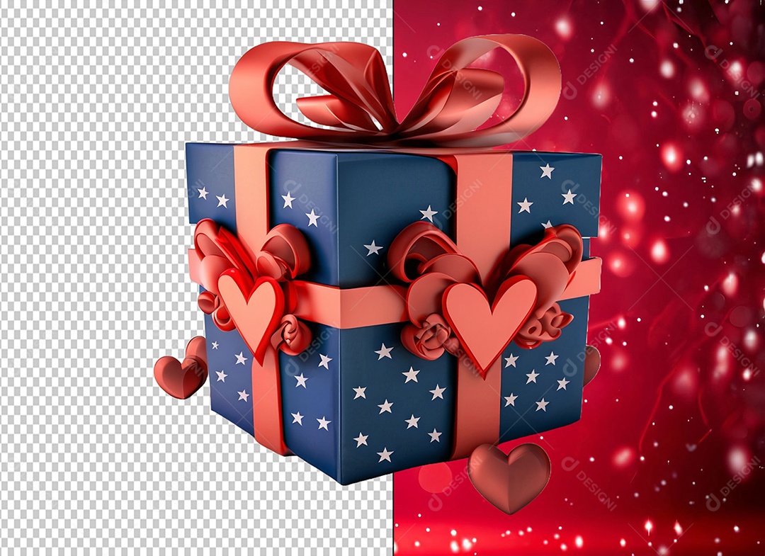 Caixa de Presente para Dia dos Namorados Elemento 3D Azul e Vermelho para Composição PSD