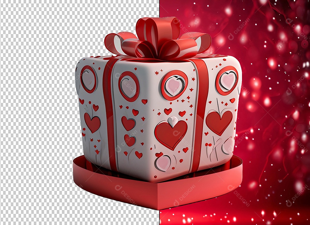 Caixa de Presente para Dia dos Namorados Elemento 3D Vermelho e Branco para Composição PSD