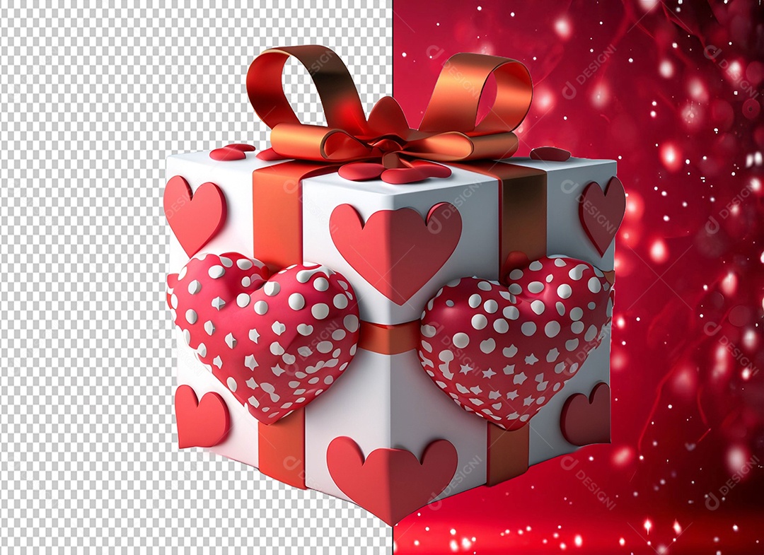 Caixa de Presente para Dia dos Namorados Elemento 3D Branco e Vermelho para Composição PSD
