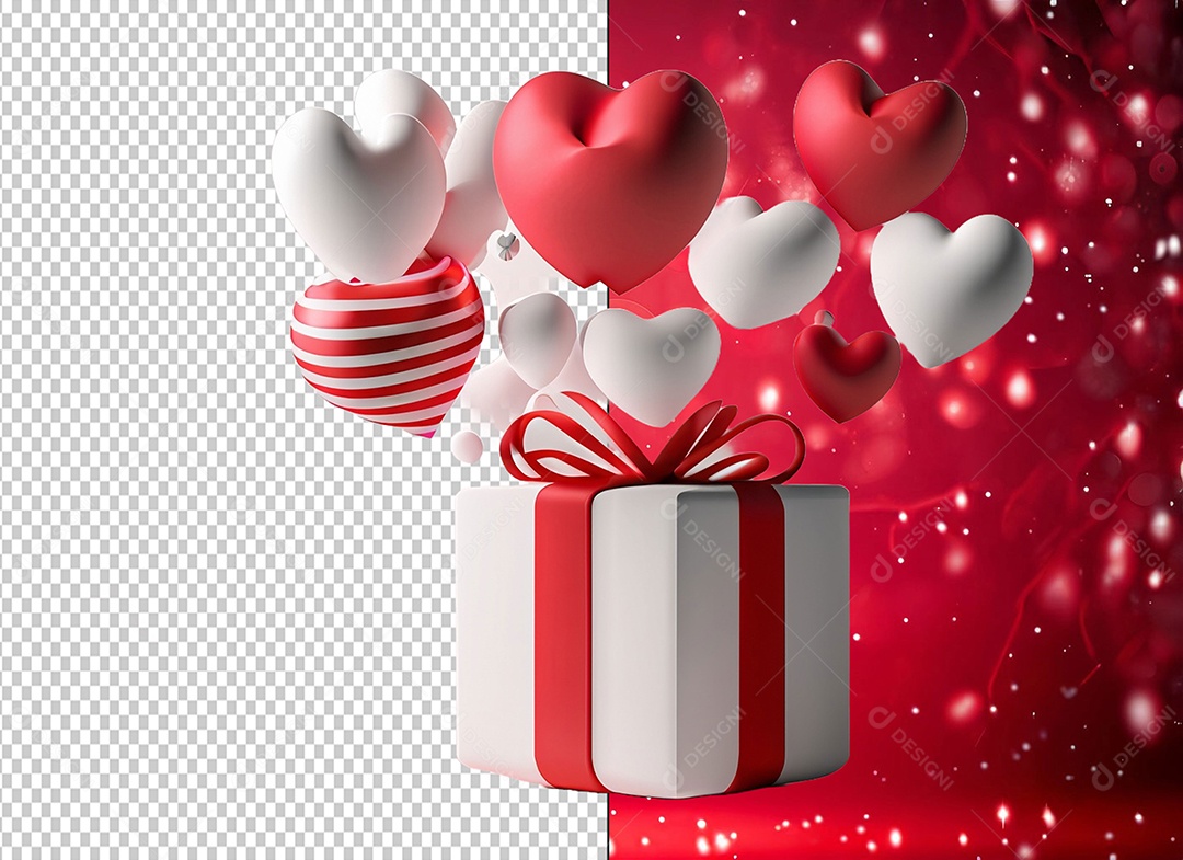 Caixa de Presente para Dia dos Namorados Elemento 3D Branco e Vermelho com Balões de Coração para Composição PSD