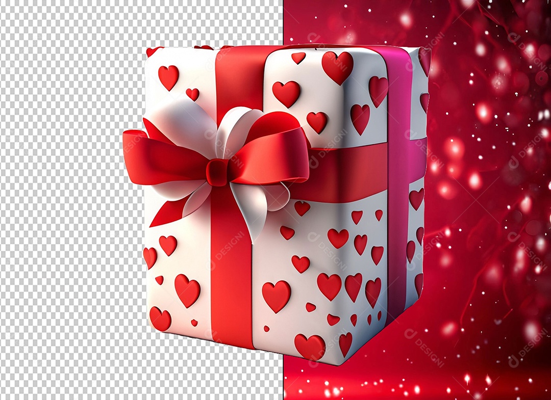 Caixa de Presente para Dia dos Namorados Elemento 3D Branco e Vermelho para Composição PSD