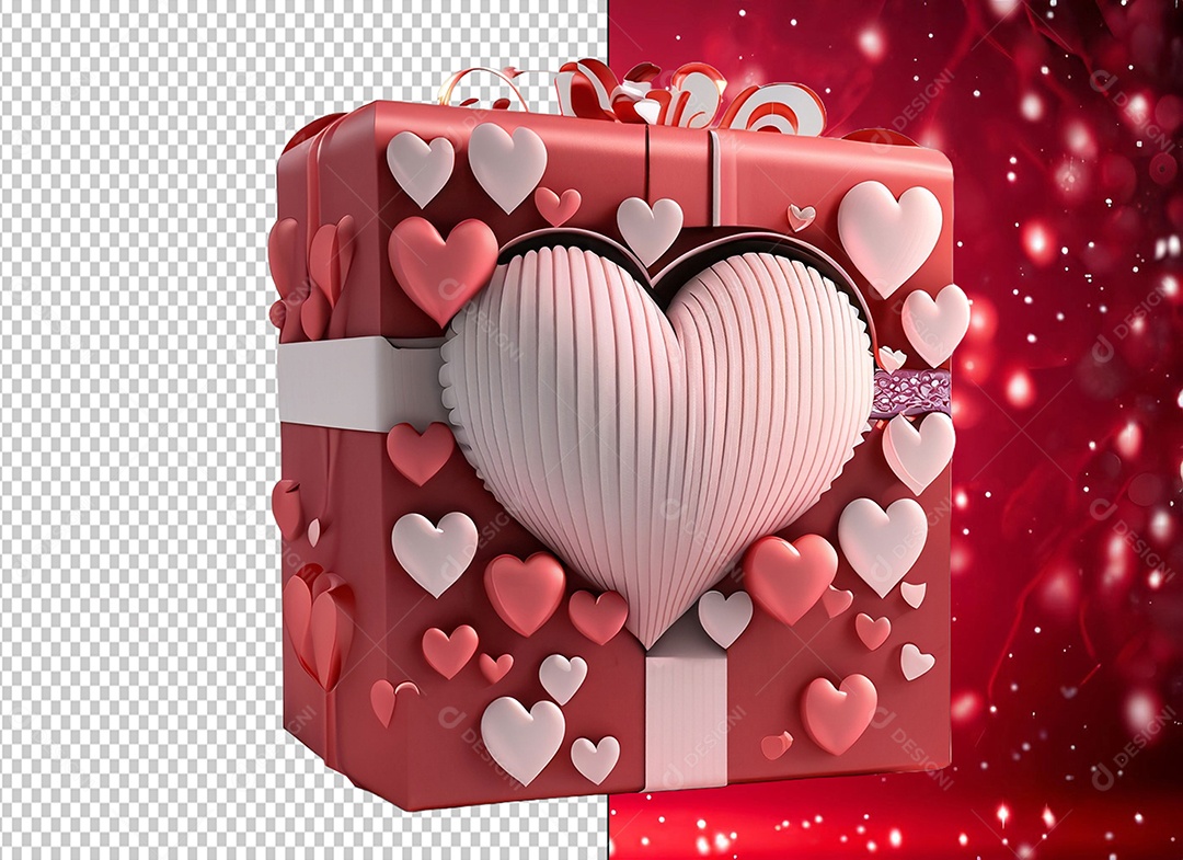 Caixa de Presente para Dia dos Namorados Elemento 3D Vermelho e Branco para Composição PSD
