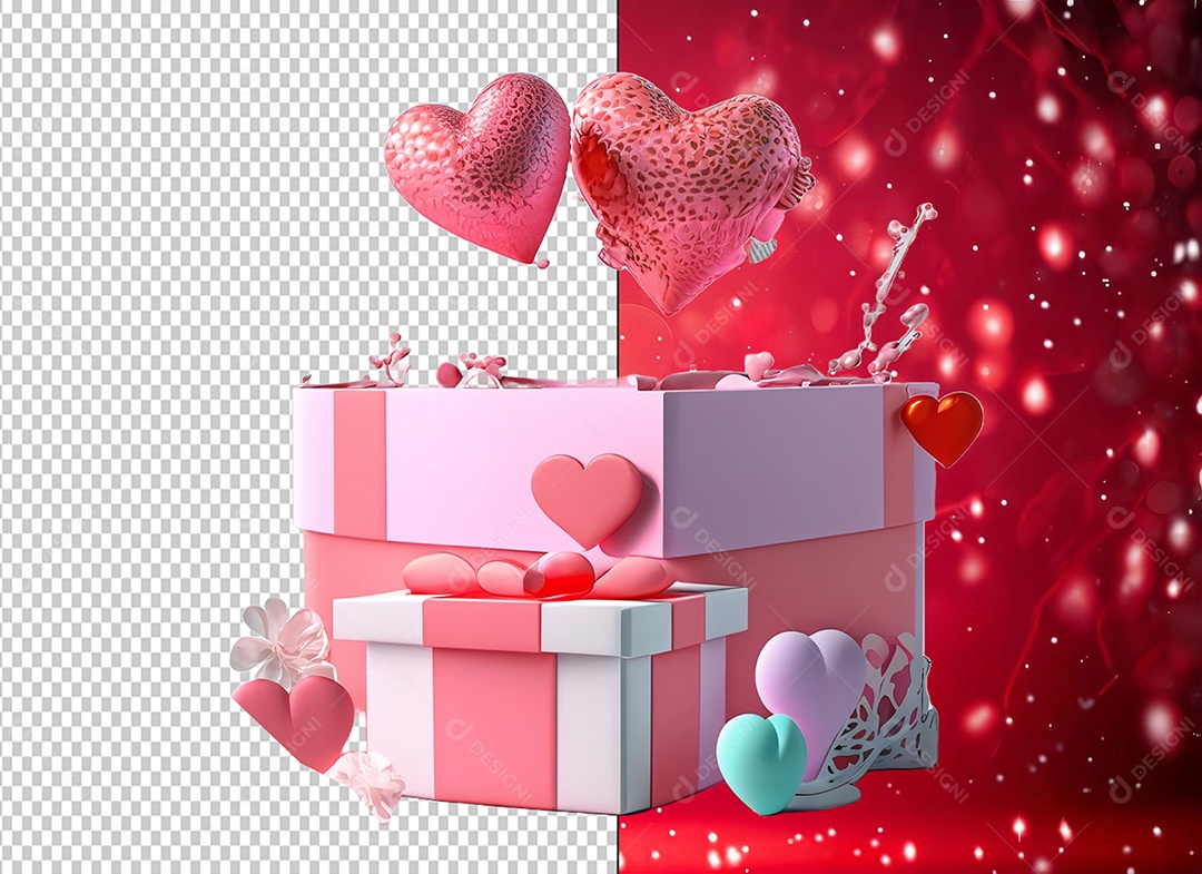 Caixa de Presente para Dia dos Namorados Elemento 3D Colorido para Composição PSD