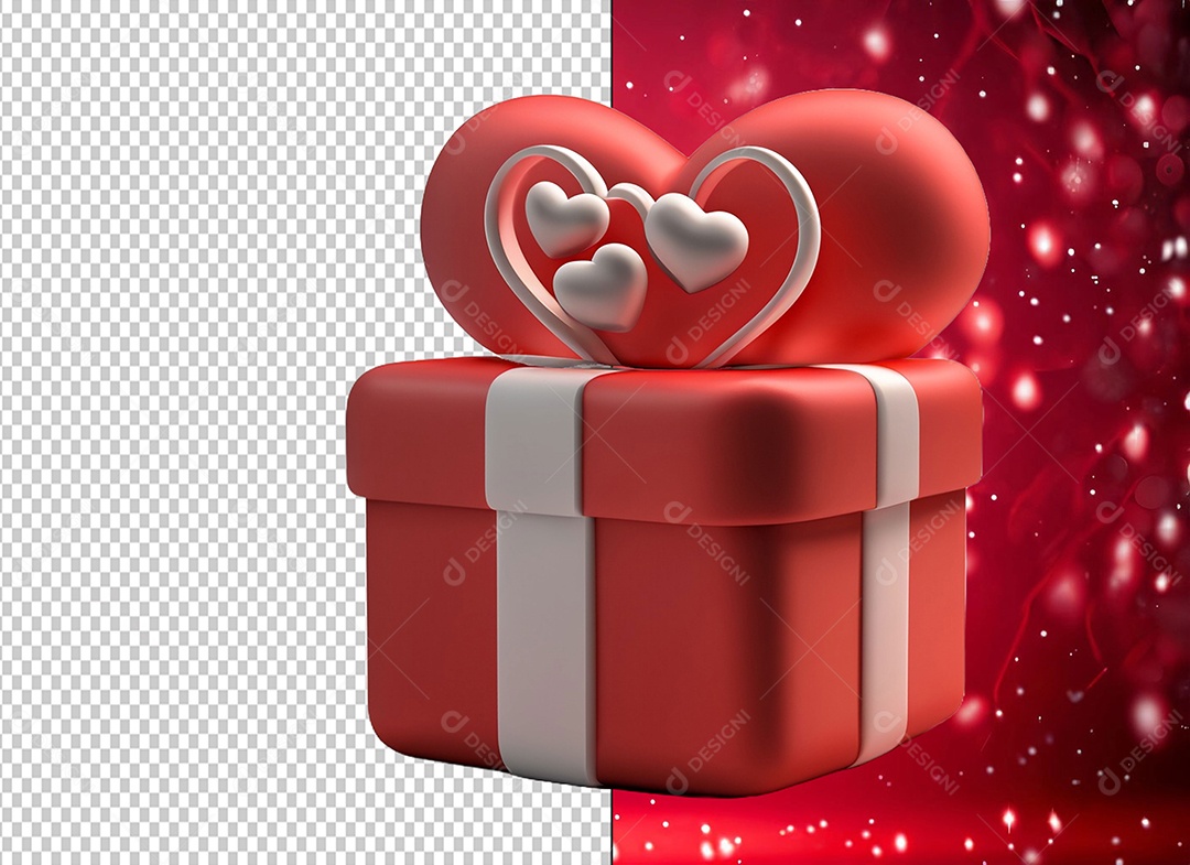Caixa de Presente para Dia dos Namorados Elemento 3D Vermelho e Branco para Composição PSD