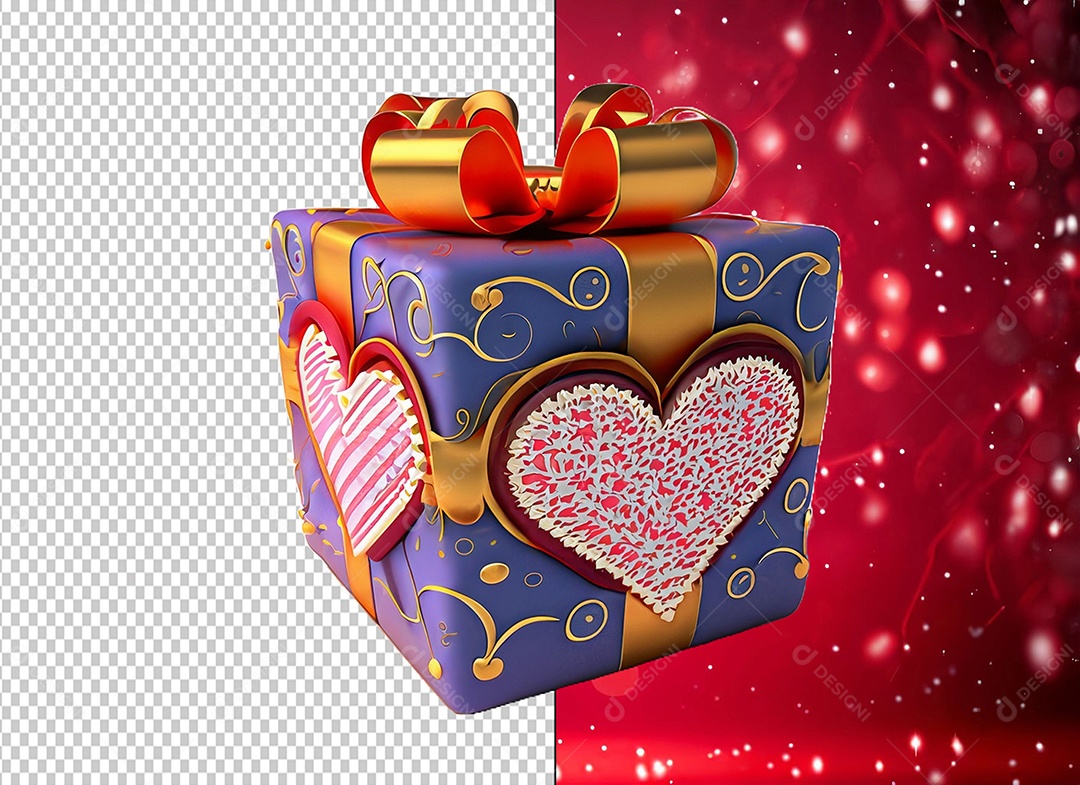 Caixa de Presente com Laço Dourado para Dia dos Namorados Elemento 3D Colorido para Composição PSD