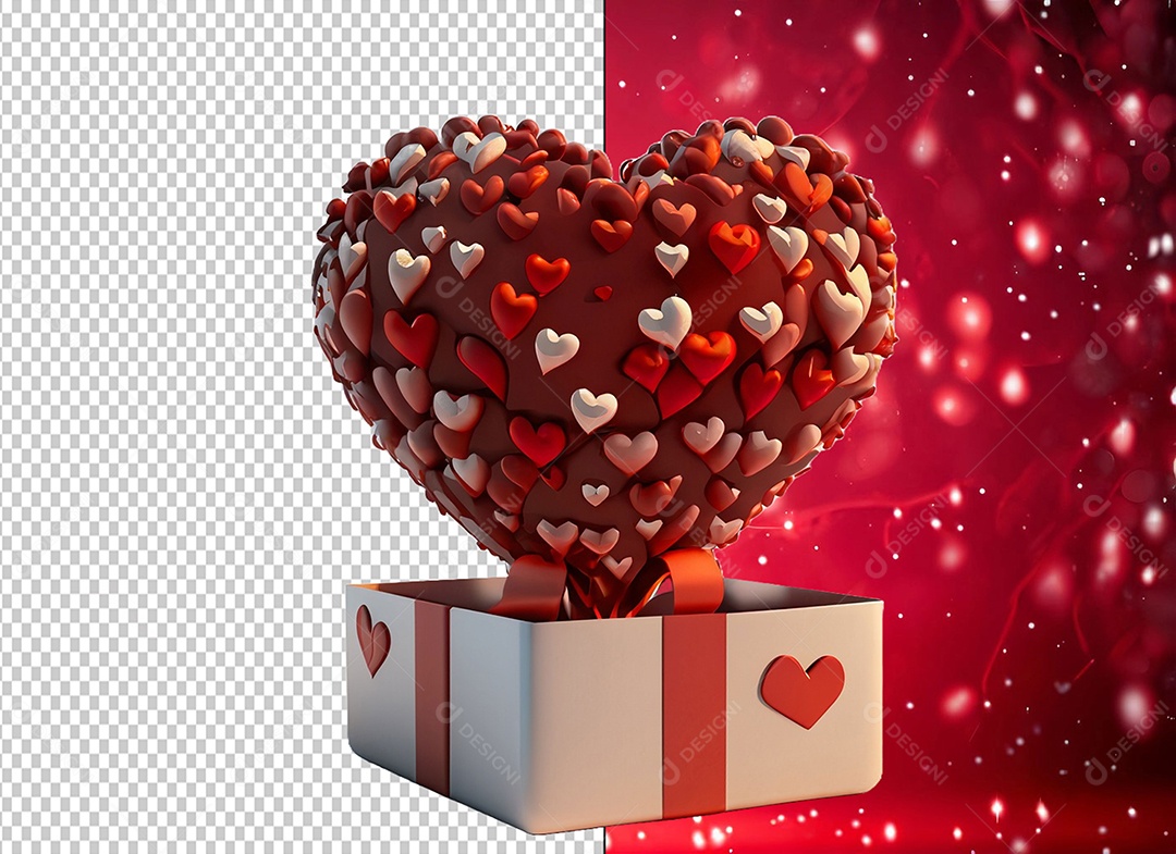 Caixa de Presente para Dia dos Namorados com Coração Elemento 3D Vermelho para Composição PSD