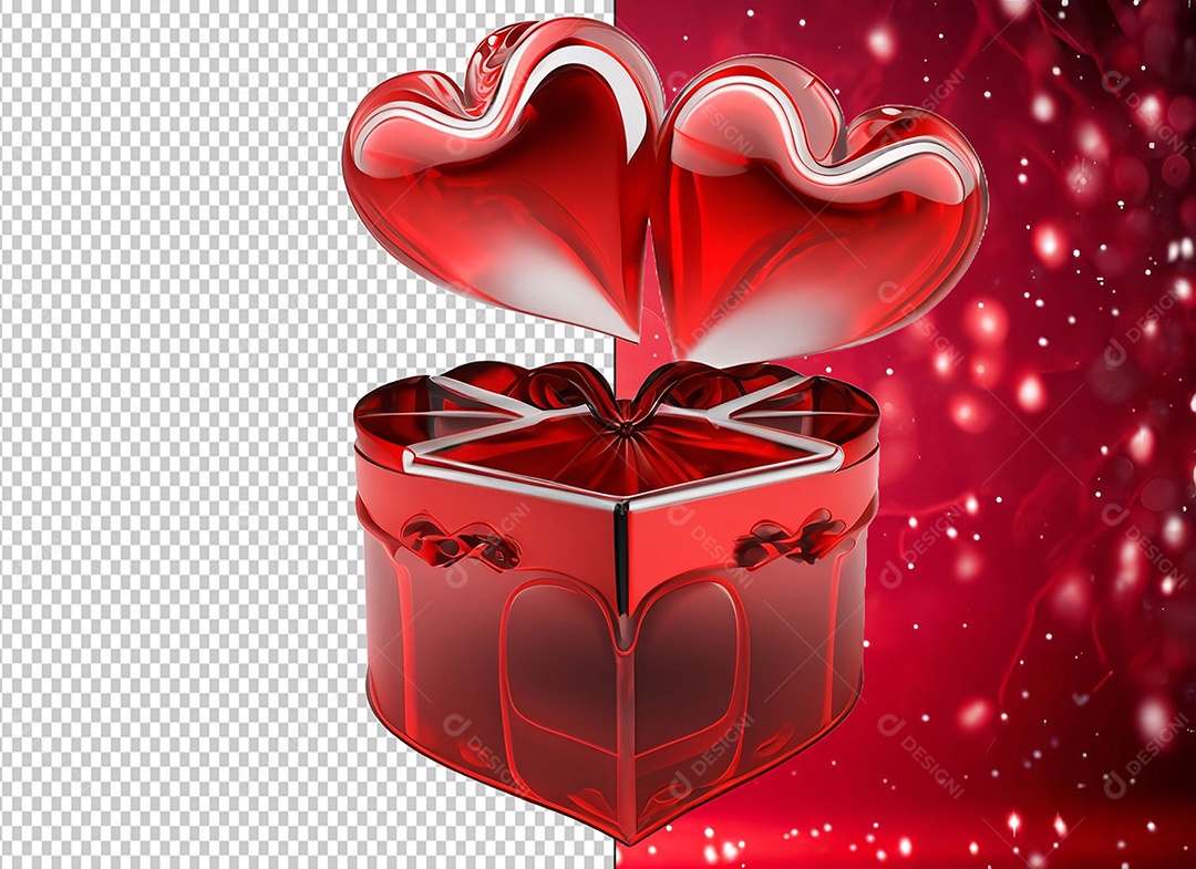 Caixa de Presente para Dia dos Namorados com Forma de Coração e Balões Elemento 3D Vermelho para Composição PSD