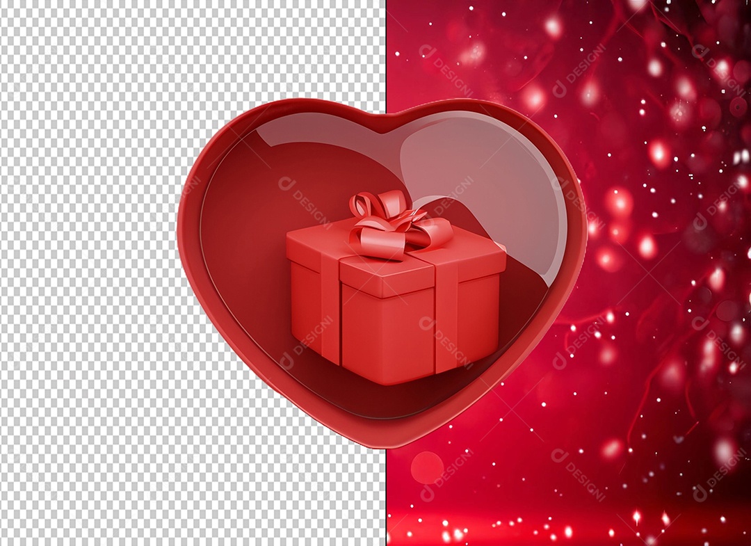 Caixa de Presente para Dia dos Namorados com Forma de Coração Elemento 3D Vermelho para Composição PSD