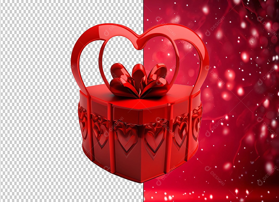 Caixa de Presente para Dia dos Namorados com Forma de Coração Vermelho Elemento 3D para Composição PSD