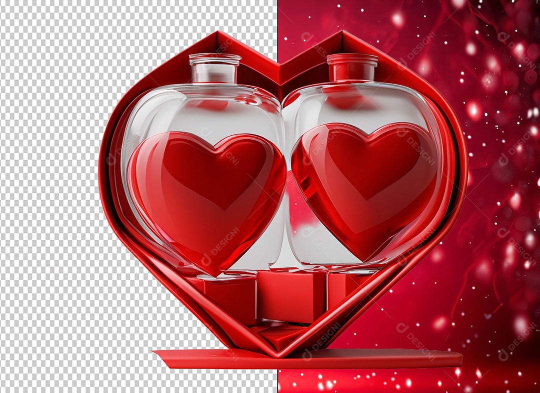 Decoração para Dia dos Namorados com Coração dentro de Frasco de Vidro Elemento 3D para Composição PSD