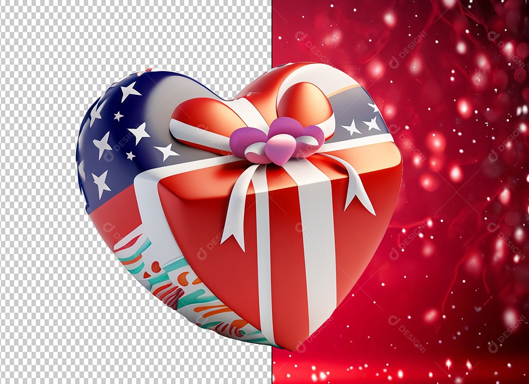 Caixa de Presente para Dia dos Namorados em Forma de Coração com Cores dos Estados Unidos Elemento 3D para Composição PSD