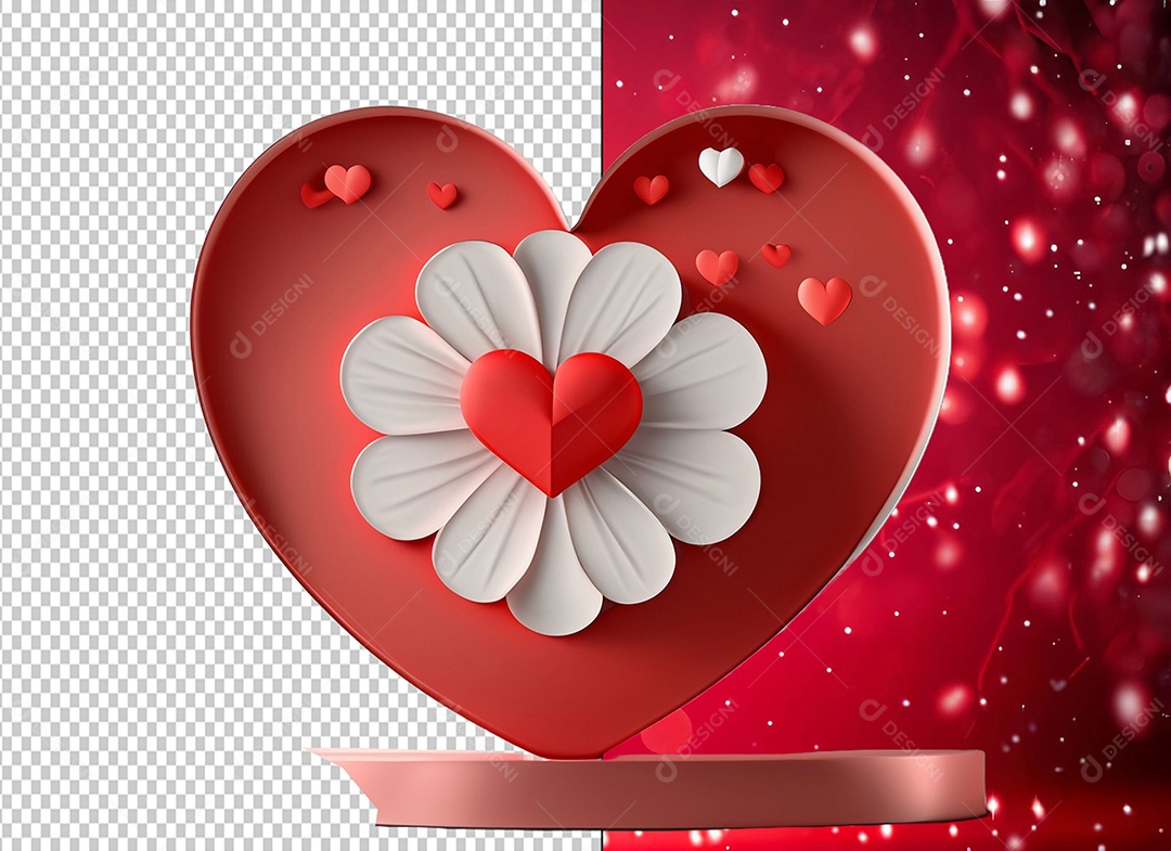 Decoração para Dia dos Namorados em Forma de Coração com Flor Elemento 3D para Composição PSD
