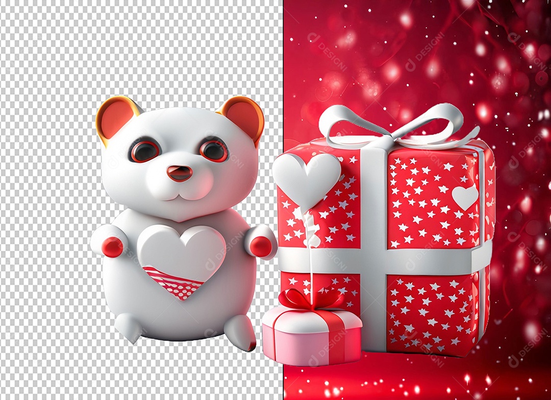 Caixa de Presente para Dia dos Namorados e Urso Elemento 3D para Composição PSD