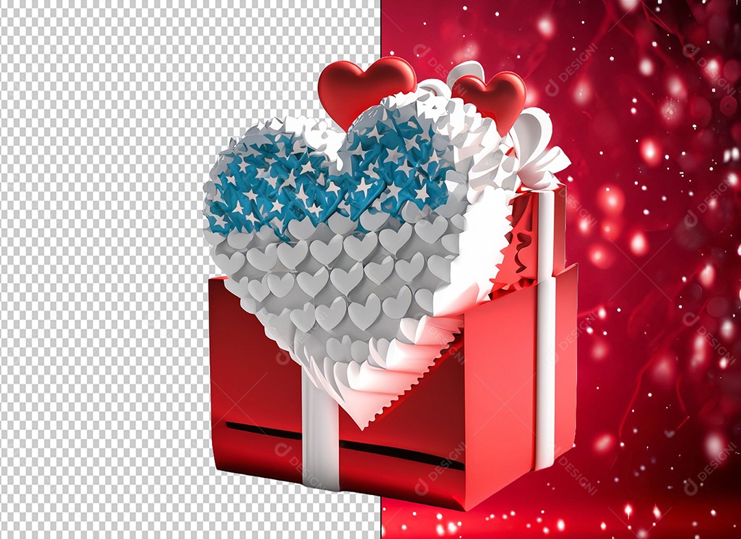 Caixa de Presente para Dia dos Namorados em Forma de Coração Elemento 3D Branco Azul e Vermelho para Composição PSD
