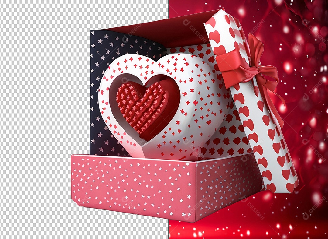 Caixa de Presente para Dia dos Namorados em Forma de Coração Elemento 3D para Composição PSD